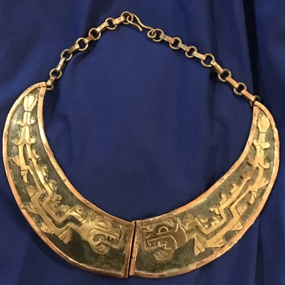 Vintage Aztec Copper Brass Choker Necklace Rare Mexico Tribal Boho Statement Art - Picture 3 of 14